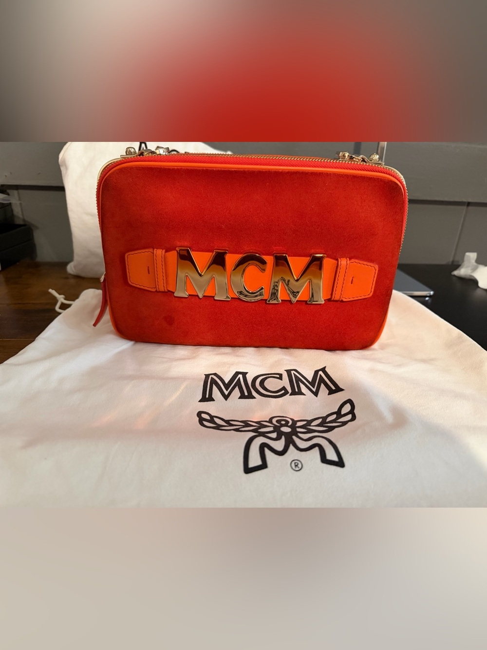 MCM Orange Suede Logo Camera Bag with Gold Hardware
